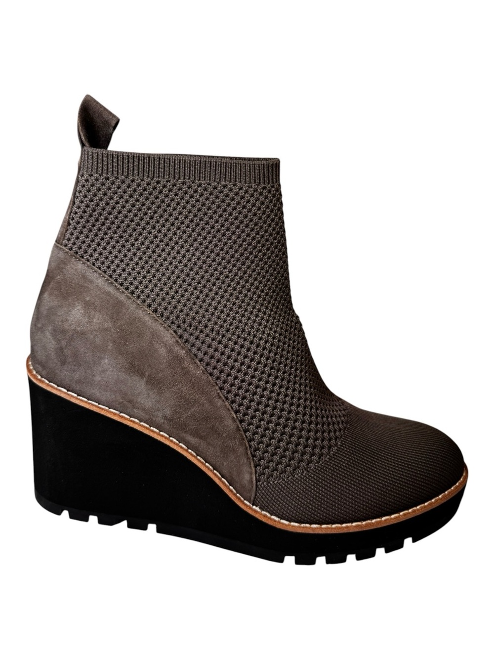 NWT Eileen Fisher Earth Gray Stretch Knit Suede Wedge Platform Sock Boots SZ:10